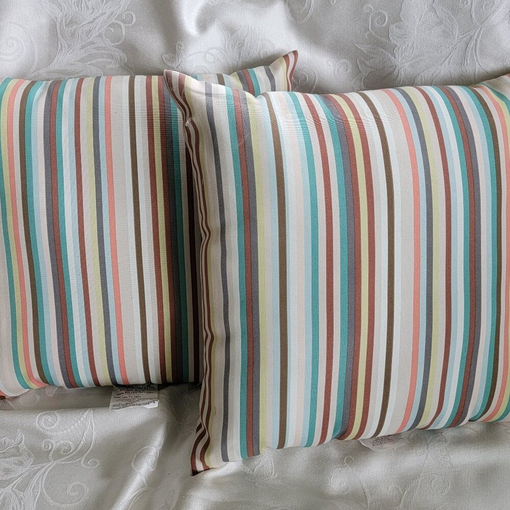 Hampton Bay Manda Stripe Peony Outdoor Square Throw Pillow Set of 2 - 18" x 18"